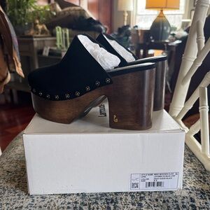 Larroude Black Suede Clogs with Wooden Platform